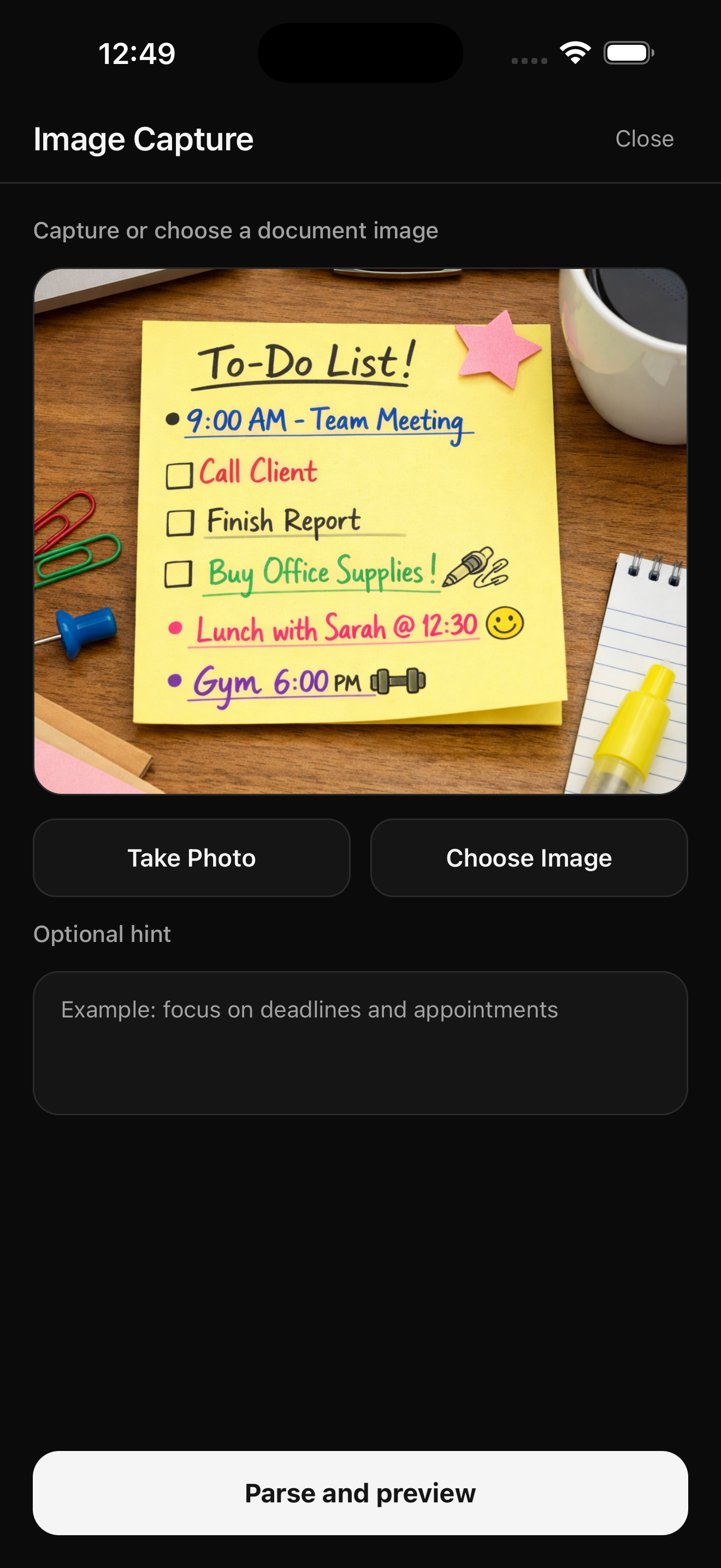 Atlas image capture screen for parsing a sticky note into tasks and events